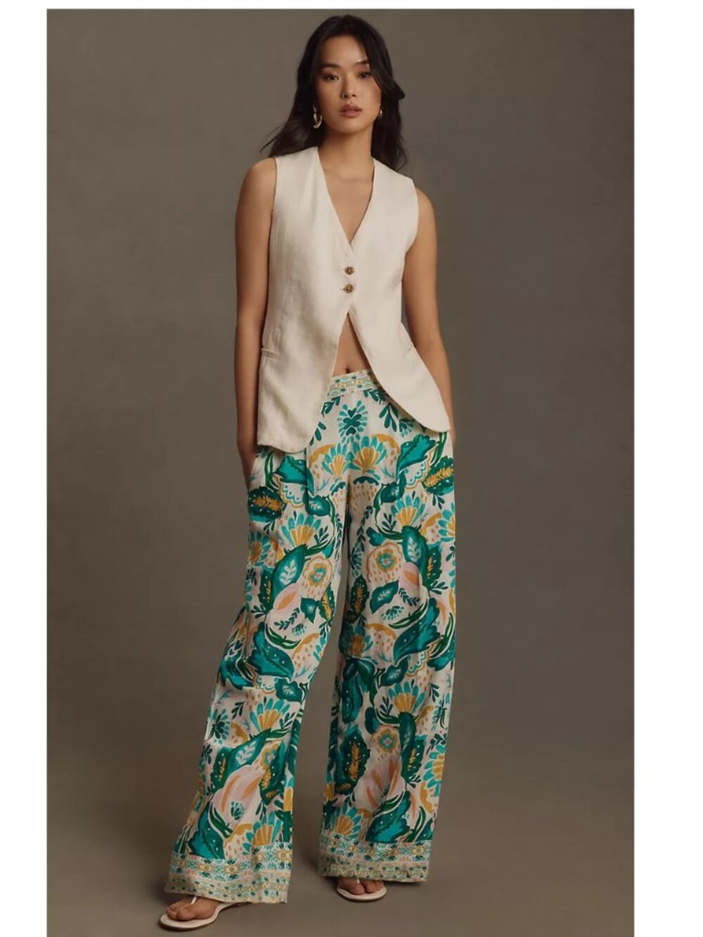 Ranna Gill Floral Wide-Leg Linen Pull-On Pants
